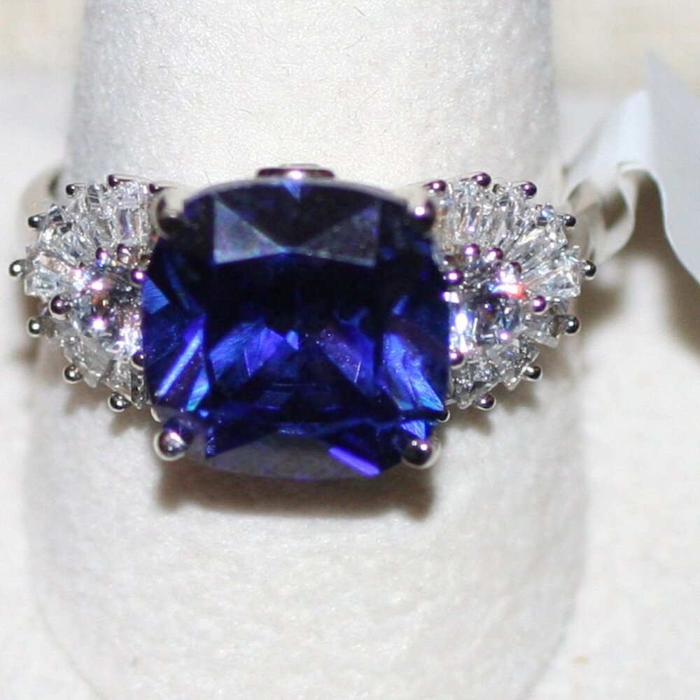 13.36CTW Blue /1.33CWT White Cubic Zirconia Rhodium over Sterling Ring 925 SZ 11